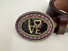 Western Oval Belt Buckle with Love Charm on Purple Stained-glass Mosaic, Beaded
