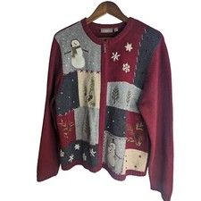 Croft Barrow Maroon Embroidered Winter Theme Snowman Full Zip Cardigan sz XL