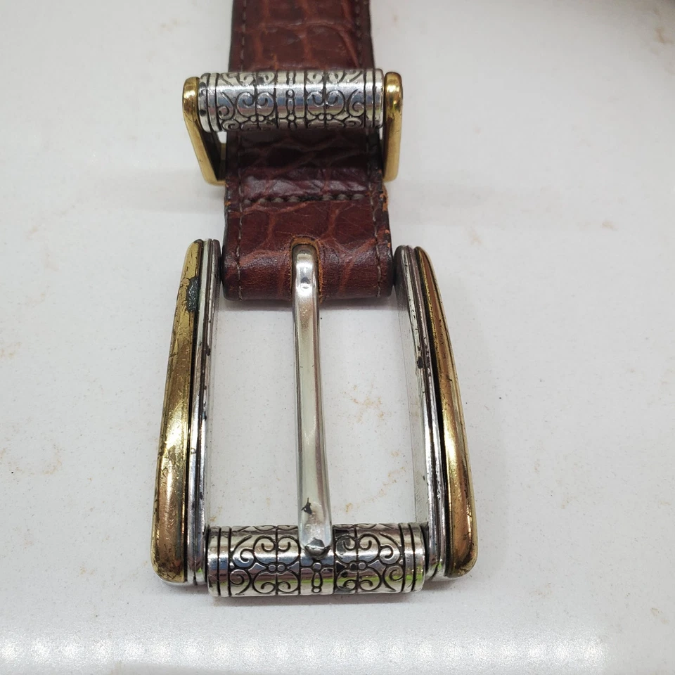 XL Talbots Mujer Cinturón 2 Tonos Dorado Plata Britán Hebilla Cuero "Caimán" Foto 4 de 4