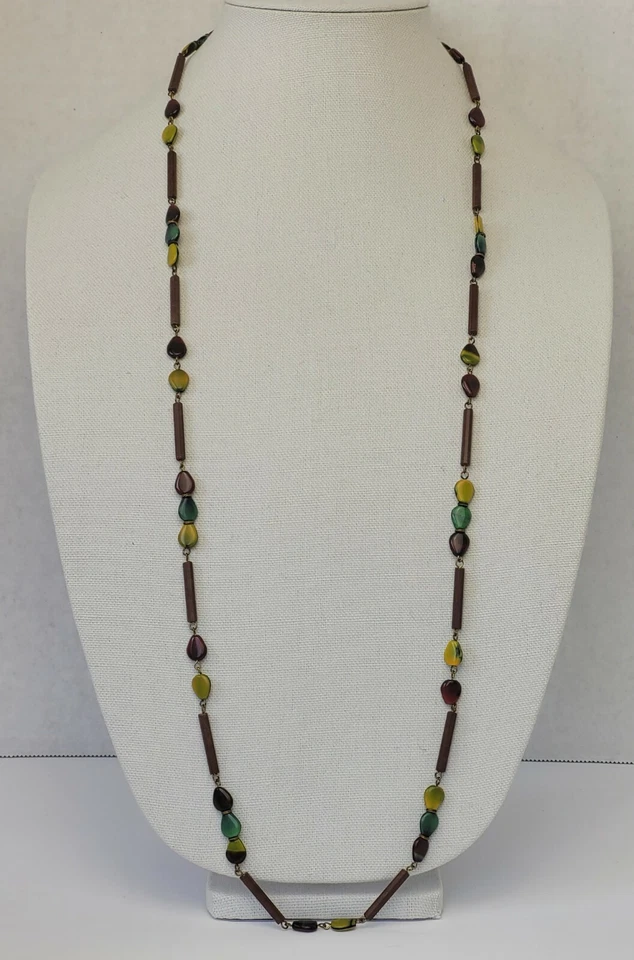 Vintage Brown Lucite Tube Glass Multi-Color Seed Shaped Beaded Necklace 38" - Image 2 of 4