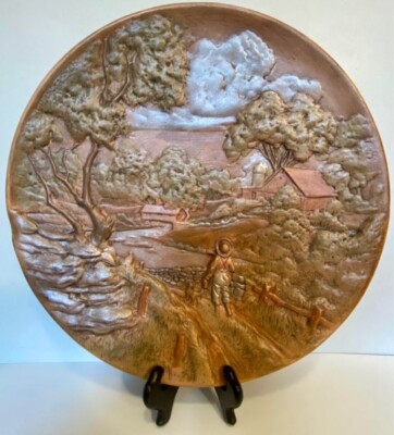 Byron Molds ''Barn Bridge Boy'' 3D Raised Heavy Bronze Colored Clay Plate 1972