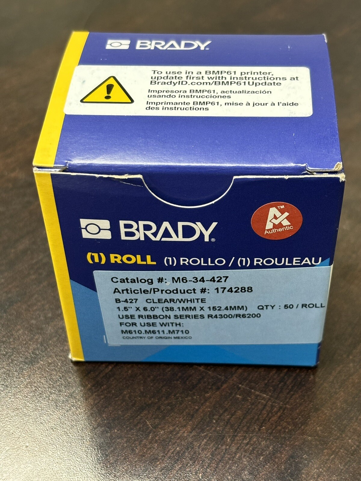 M6-34-427 (Brady) Label, 1.5" x 6" ,Clear/White Vinyl 50pcs Roll