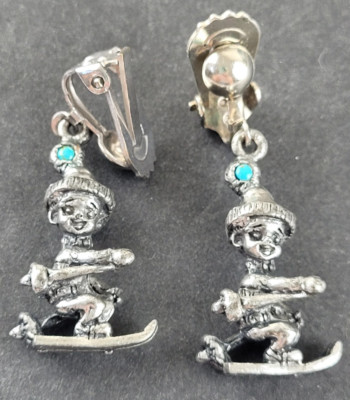 RARE CYVRA Signed Earrings Skier Pixie Elf Boy Silver Tone Clip On