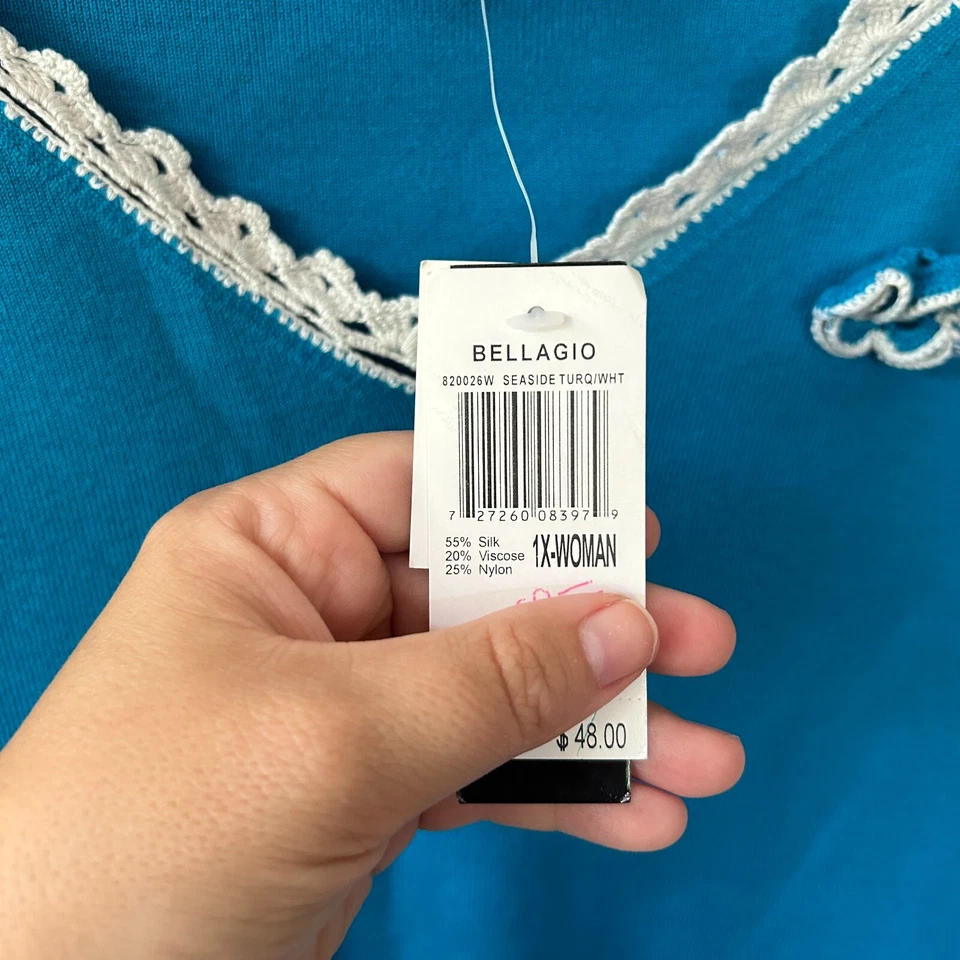 Grace Elements 真丝衬衫女式 1X 码蓝色全新带标签蕾丝细节上衣 Coquette — 第 2/4 张图片