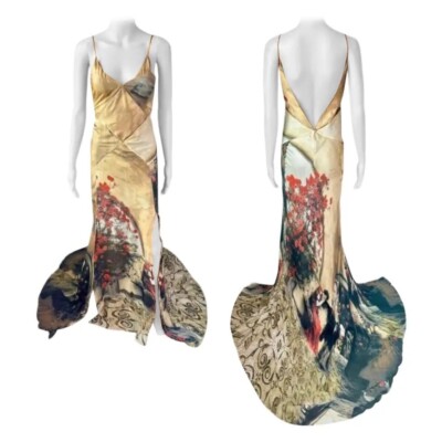 Roberto Cavalli S/S 2004 Runway Cutout High Slit Silk Slip Evening Dress Gown
