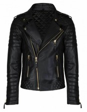 Men's Black Genuine Lambskin Leather Motorcycle Biker Quilted Jacket Zipper Coat