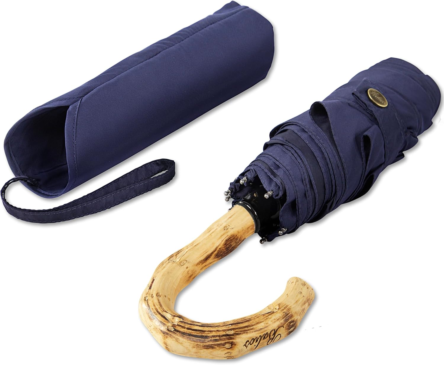 Balios Compact Umbrella Manual Mini Windproof, Full Dark Navy Crook Handle