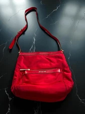 Michael Kors Red Nylon Leather Trim Gold Crossbody Messenger Bag