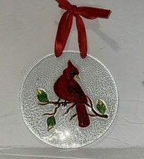 Suncatcher Cardinal Redbird Recycled Fused Glass Red Ribbon 6 Gift Christmas
