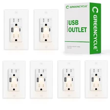6 PK White LED Night Light Outlets, 24W USB C+A, 4.8A, Fast Charging, On/Off Swi