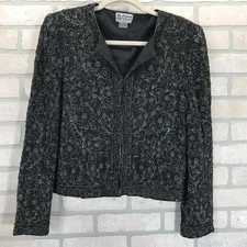 Vtg Raiment Fashions Silk Beaded Cardigan Evening Jacket Women's L Black Holiday