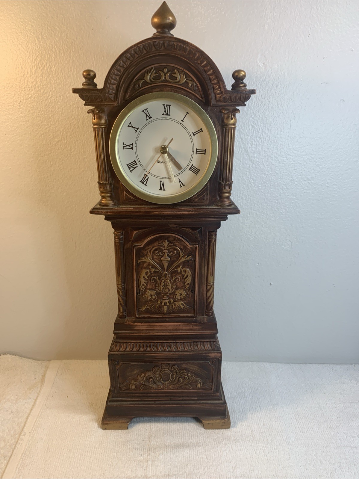 Quartz Cherry Wood Gold & Brown 1980s Grandfather Mantle or Table Clock 17.5”
