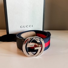 Gucci Web GG Silver Buckle Leather/Fabric Belt MEN Blue/Red 110/44 Italy 411924