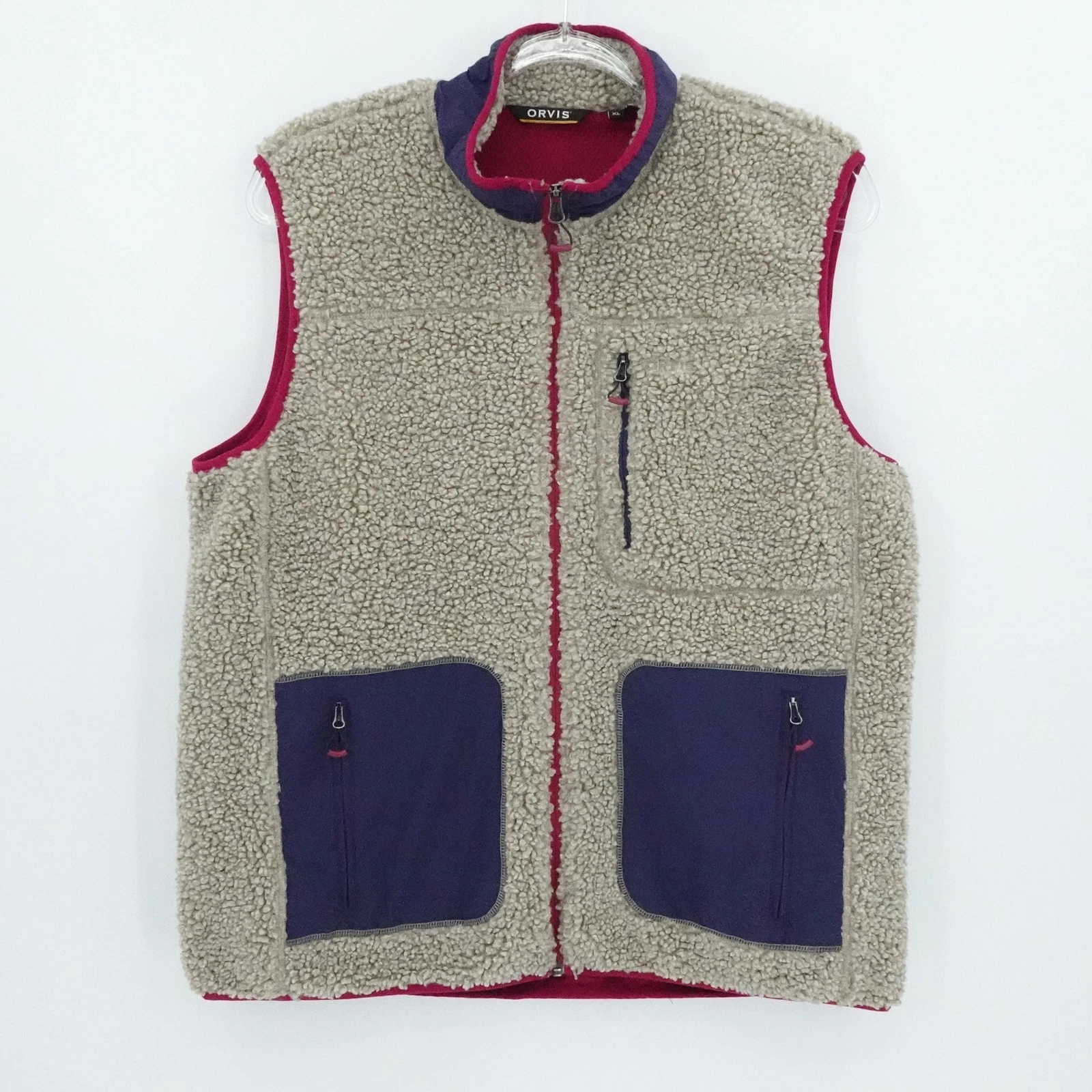 Orvis Vest Mens XL Tan Navy Zip Pockets Red Lined Sherpa Fleece Outdoors Warm
