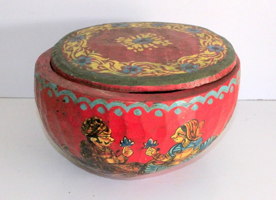 Figura de colección hecha en madera del rey reina indio pintura arte popular tribal cuenco olla Foto 3 de 4