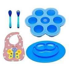 Baby Silicone Feeding Set-Heat Sensor Spoon/Fork, Storage Mold, Suction Tray Bib