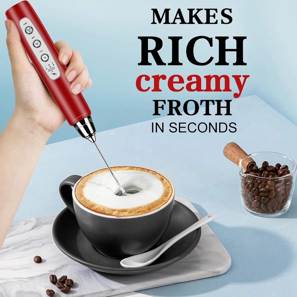Milk Frother Handheld with Stand, Electric Whisk 3 Speed Adjustable, Red
