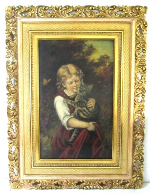 #ad #ad 19 c ANTIQUE GIRL HOLDING CAT OIL PAINTING ON ARTIST BOARD ORIGINAL FRAME $299.00