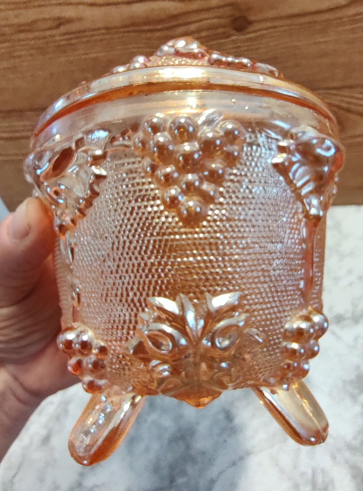 Jeannette Candy Dish With Lid Grape Vine Orange Marigold Stippled 1950s - 60s