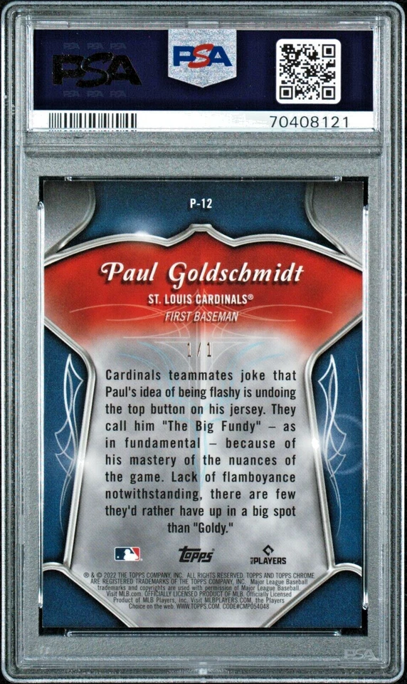 2022 Topps Chrome #P-12 Paul Goldschmidt Pinestriped SuperFractor 1/1 PSA 9 - Image 2 of 2