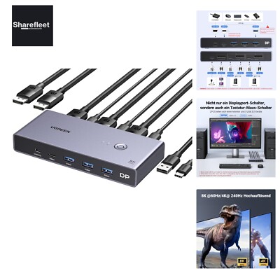 Displayport KVM Switch 8K@60Hz, DP 1.4 mit 4 USB 3.0 Ports Unterstützt 8K@60H...