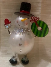 Acrylic Snowman holding wreath Bobble Head Style ornament 6”