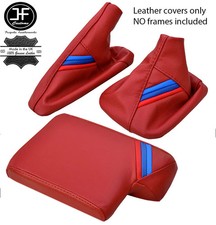 DARK RED LEATHER TRI STRIPE GEAR HANDBRAKE ARMREST COVER FOR BMW E90 E91 E92 E93