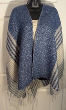 Azul Gris Crema Rayas Ruana Capa Flecos Chal Envoltura Talla Única Capas Boho