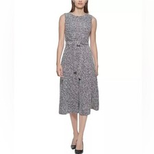 Calvin Klein sleeveless belted tweed midi dress gray metallic women's 10