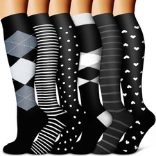 Copper Compression Socks Black Knee High Support Socks Unisex 6 Pairs