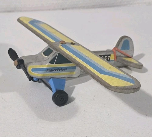 Vintage Fisher Price Propeller Wood Airplane With Plastic Wheels