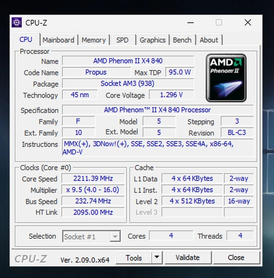 Genuino AMD Phenom II X4 840 HDX840WFK42GM 3,2 GHz Socket AM2+ / AM3 CPU de escritorio Foto 2 de 4