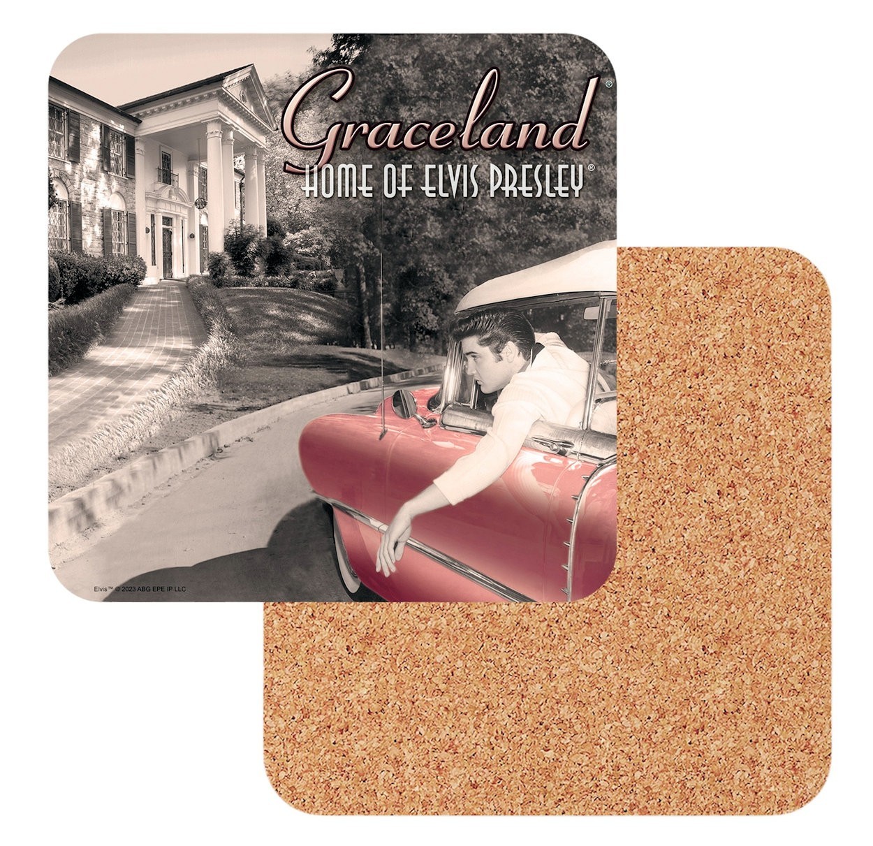 Elvis In Pink Caddy Outside Of Graceland Cork Coasters Placemat Barware
