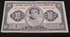 1944 Grand Duche De Luxembourg 10 Francs Note