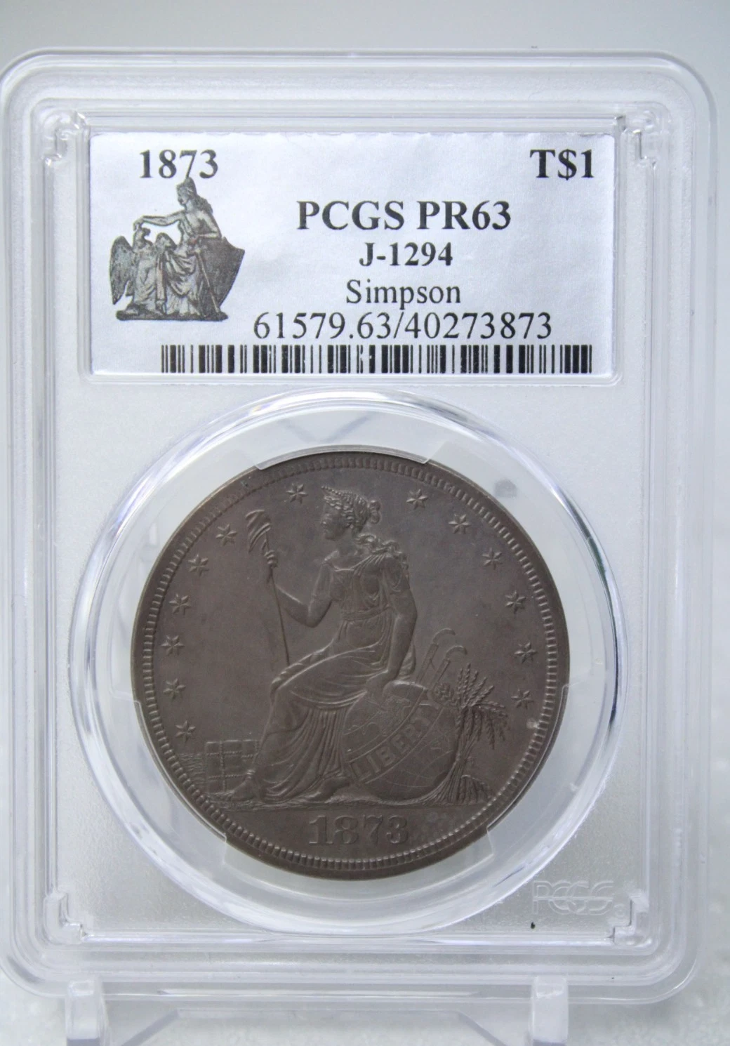 Pattern 1873 $1 Silver Trade Dollar J-1294 PCGS PR63 Simpson Collection #3873