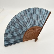 Vintage Japanese Folding Fan Sensu Bamboo Frame Simple Blue Ikat Silk Good Cond