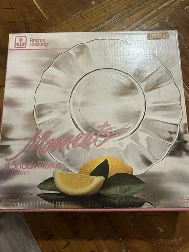 VTG Anchor Hocking Moments 9" Snack Plates Set of 4 NIB Clear Scalloped Design
