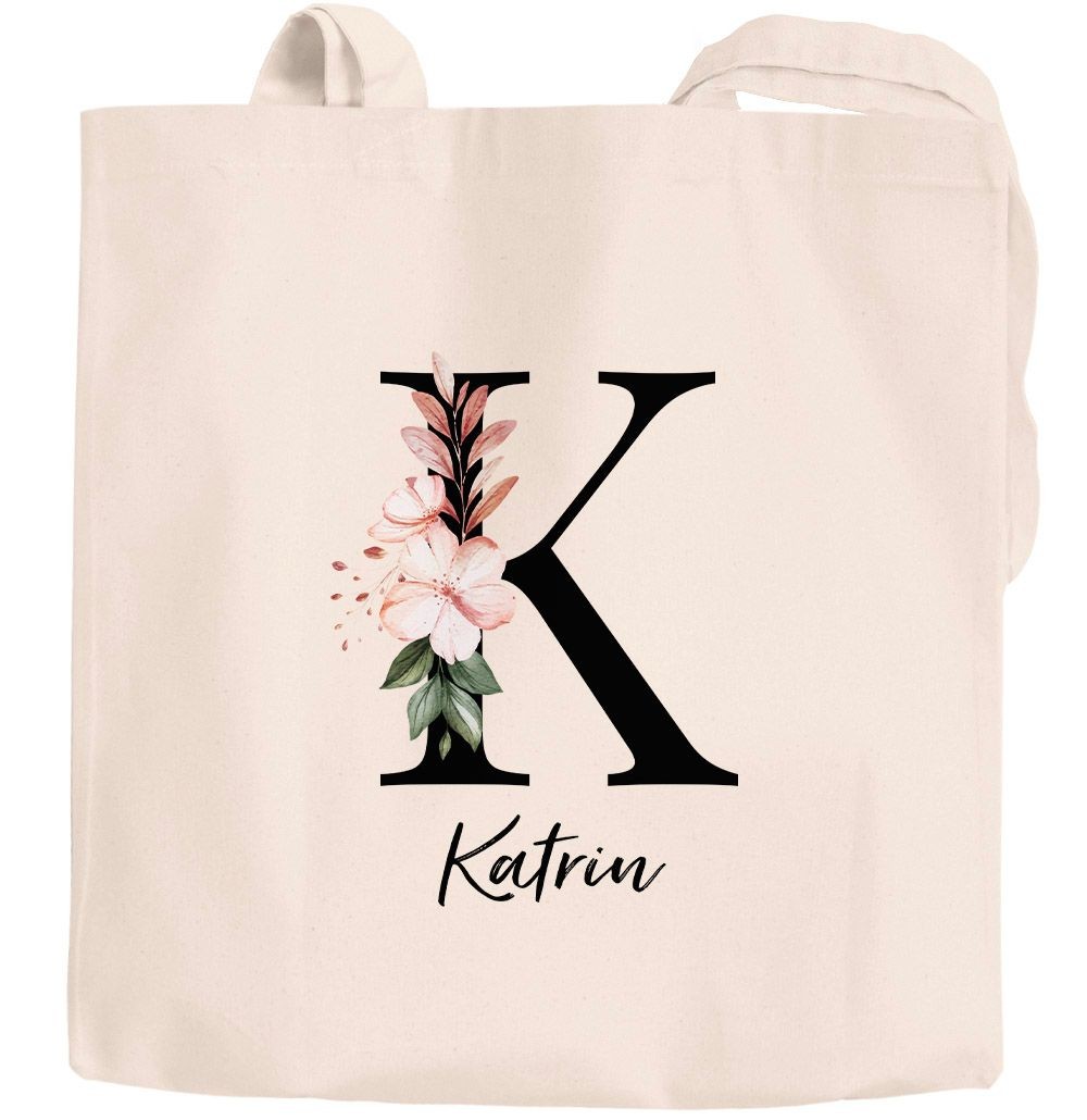 Jutebeutel Florales Design personaliseirt mit Name Buchstabe Monogramm Initiale