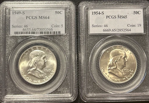 1949-S & 1954-S Franklin Half Dollar PCGS MS64 MS65 Silver 50C Coin Lot