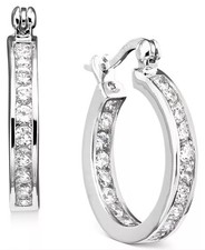 Small Cubic Zirconia Inside Out Hoop Earrings in Sterling Silver, 0.75"