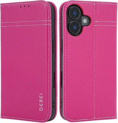 iPhone 16+/16 Plus Hülle GEBEi Echt Leder Flip Case Lederhülle Handyhülle Pink