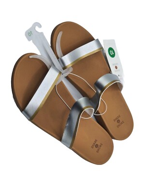 Shade & Shore Women's Dedra Two Band Slide Sandals Silver Size 10 (NEW)