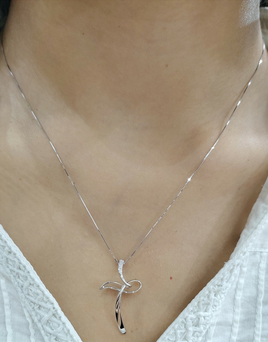 Pendentif Croix En Or Blanc 18k Avec Diamant Central - Vintage - Poids 3,4g - Occasion