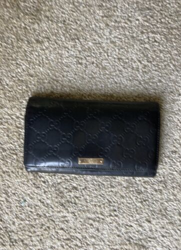 Auth GUCCI Long Wallet Black Leather GG Pattern Fl