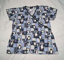 absolute scrub top women's XS penguin winter print blue 2 pockets tie on back