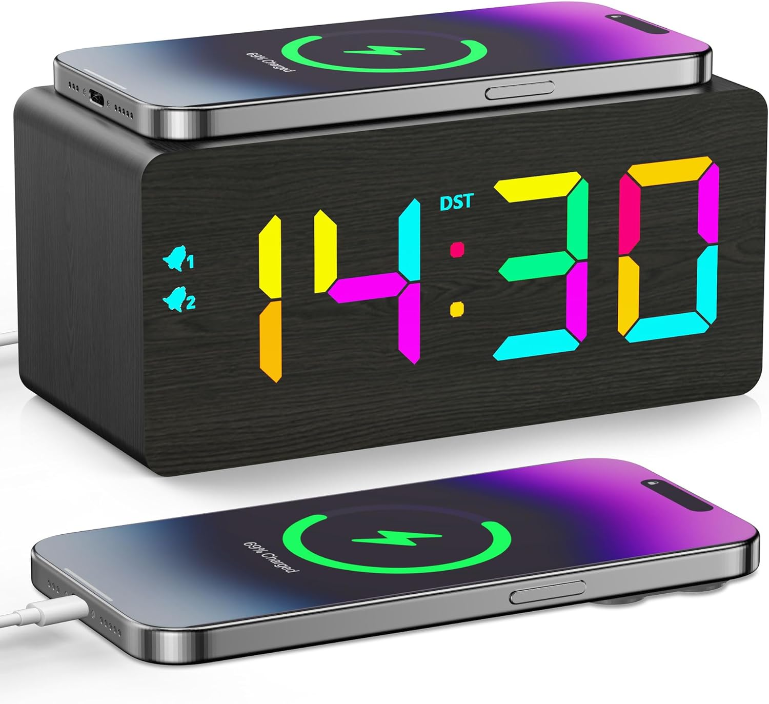 Wooden Digital Alarm Clock with Wireless Charger & Dual USB Ports