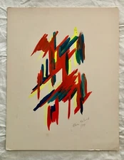 VINTAGE ABSTRACT GEOMETRIC PAINTING ART HAND SIGNED BY ELEN VELARD 1974