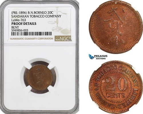 AG944, British North Borneo, 20 Cents ND, Pre 1896, Sandakan Company, NGC Proof