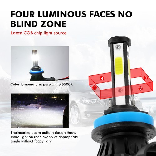 4-sides H11 LED Headlight 6000K Low Beam Bulbs Conversion Kit Crystal White 2PCS - Picture 9 of 12
