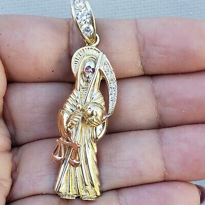 Big real 14k yellow Gold santa muerte grim reaper pendant angel of death  2.75